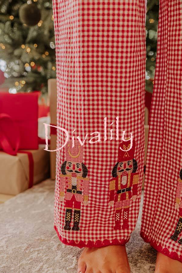 Nutcracker Charm Embroidered Gingham Loose Shirt and Elastic Waist Pajama Set