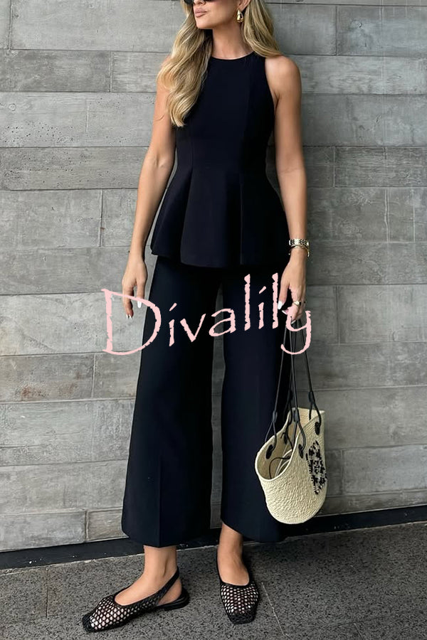 Solid Color Round Neck Sleeveless Casual Top and Loose Straight Pants Set
