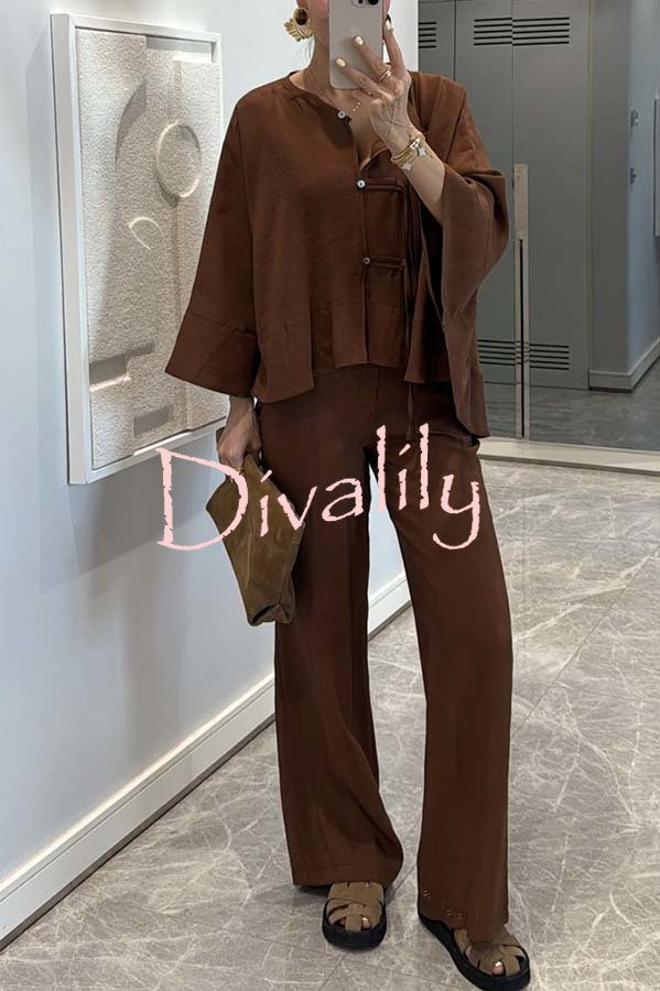Ellie Tie-button Batwing Sleeve Loose Top and High Rise Pocket  Wide Leg Pants Set