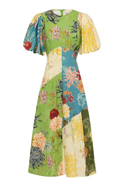 Floral Print Round Neck Puff Sleeve Casual Midi Dress