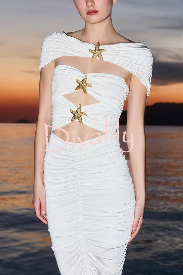 Solid Starfish Decoration Shawl and Cutout Stretch One-Piece Swimsuit