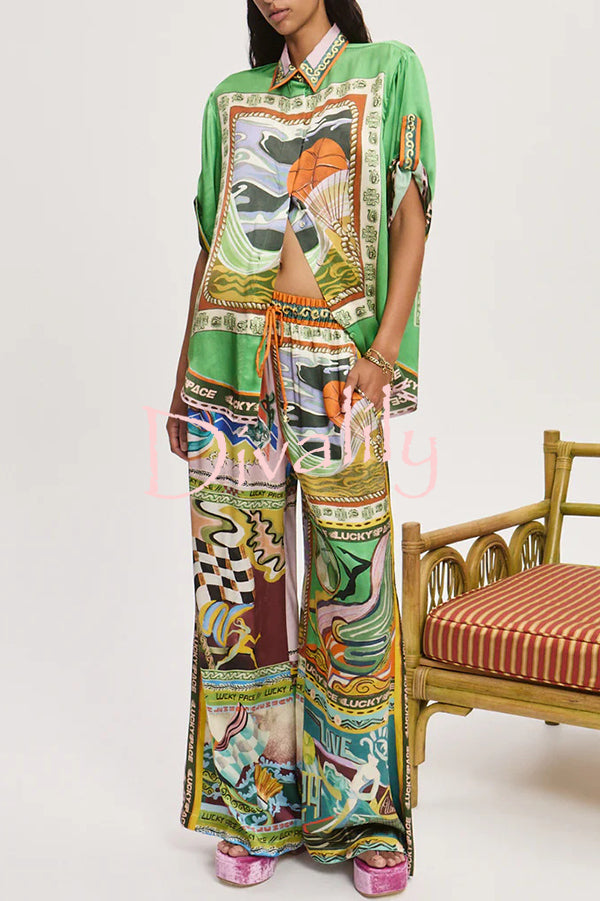 Unique Printed Lapel Short-sleeved Loose Shirt and Elastic Waist Tie Wide-leg Pants Set