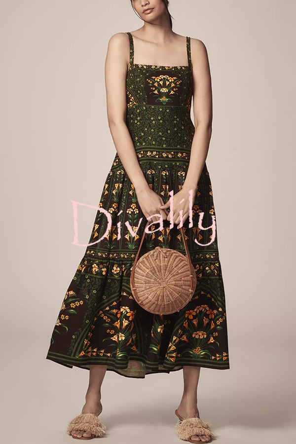 Tropical Look Linen Blend Floral Print Square Neck Back Smocked Midi Dress