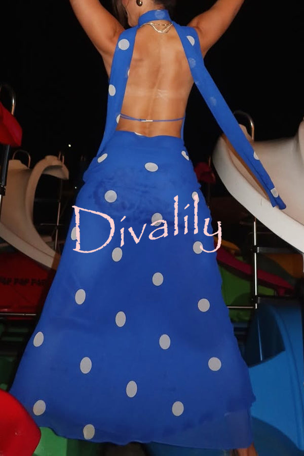 Fashion Polka Dot Print Sexy Halter Neck Backless Maxi Dress