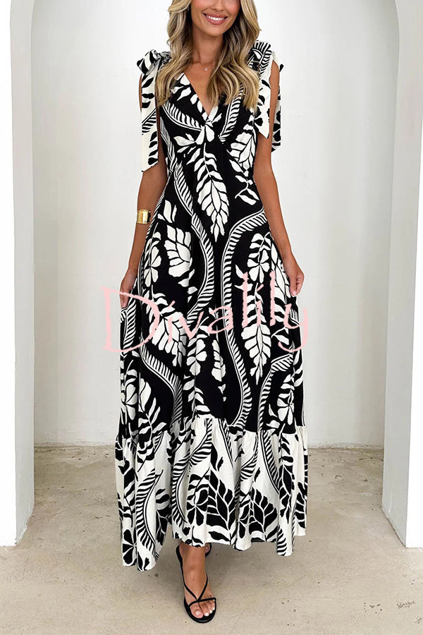 Unique Printed V-neck Sleeveless Lace-up Waist Maxi Dress