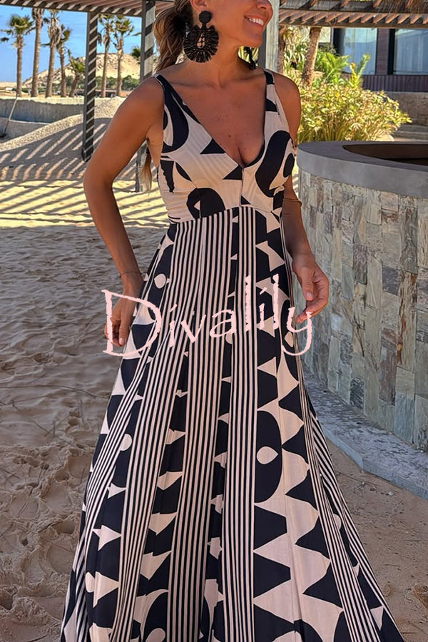 Sabine Geometric Print V-Neck Back Smocked A-line Maxi Dress