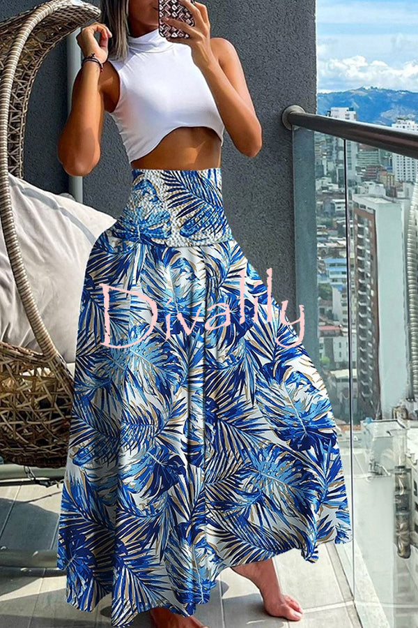 Unique Printed Pleated Elastic Waist Holiday Casual Maxi Skirt