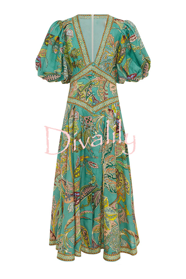 Chic Vacation Linen Blend Unique Print Button Puff Sleeve Pocket Maxi Dress