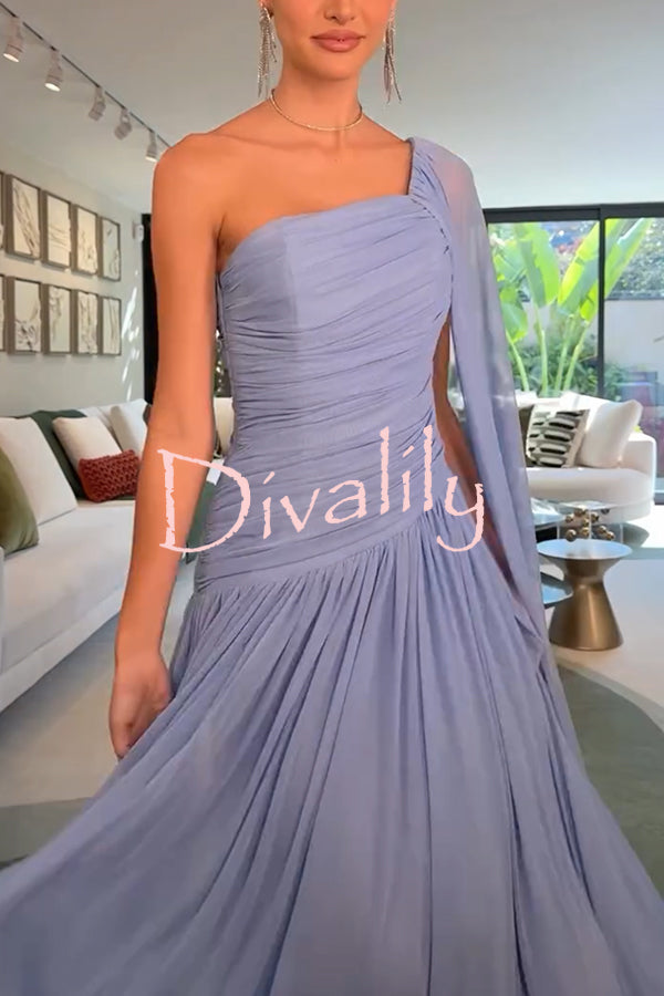 End of Light Chiffon One Shoulder Single-sleeve Shawl Ruched Maxi Dress