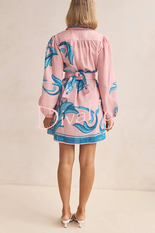 Botanical Print Lapel Puff Sleeve Vintage Belt Loose Mini Dress