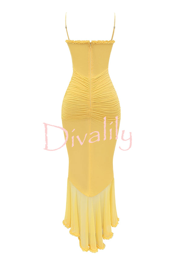 Retro Romantic Style Mesh Ruffle Trim Ruched Slit High Low Maxi Dress