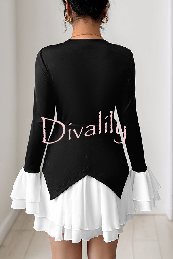 Fashionable Contrast Color Panel Long Sleeve Ruffled Mini Dress