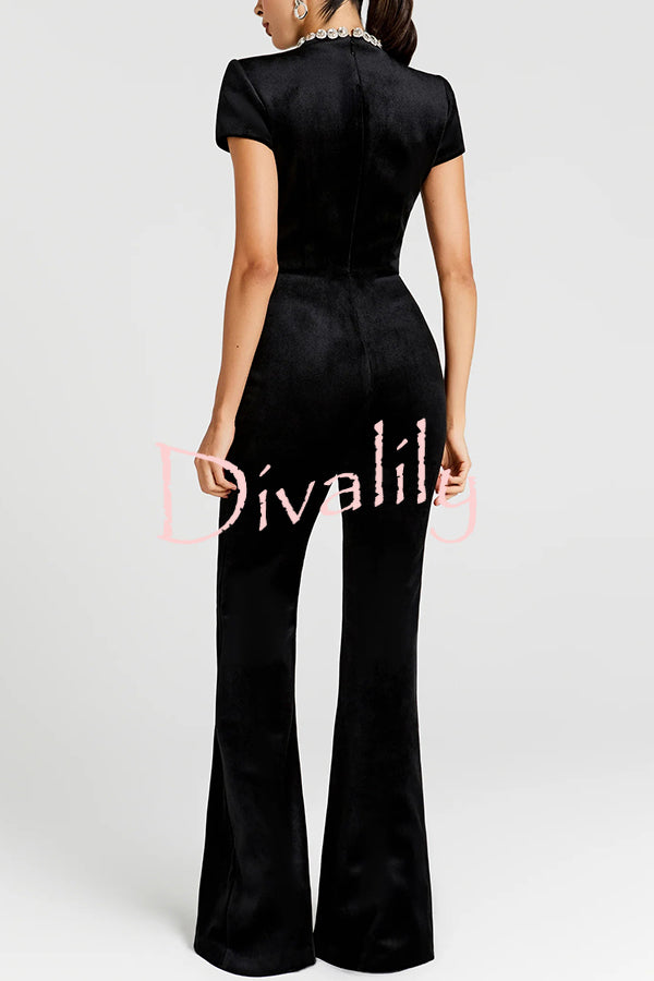 Lucia Luxurious Velvet Jewel-encrusted Turtleneck Short Sleeve Flare Stretch Jumpsuit