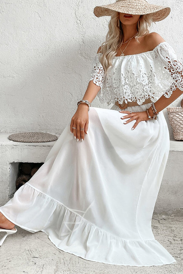 Solid Color Off-The-Shoulder Lace Panel Holiday Maxi Dress