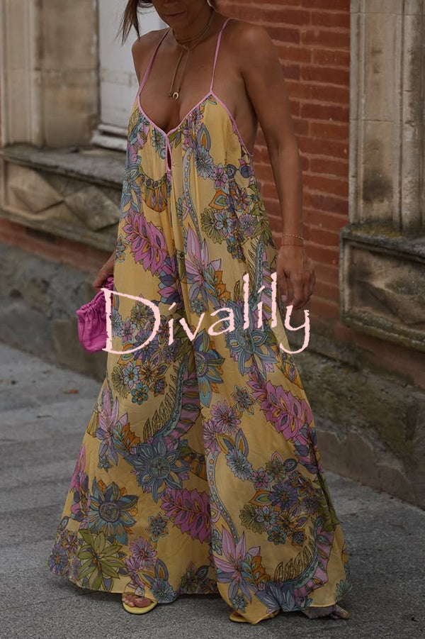 Plant Print Halter Back Loose Holiday Maxi Dress