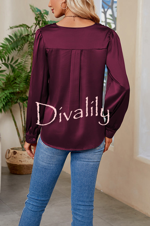 Satin Pleated V-neck Long-sleeved Loose Shirt