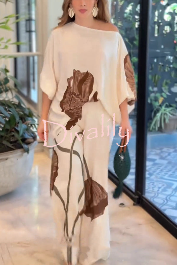 Floral Print Batwing Sleeves Loose-fitting Top and Relaxed Pocket Straight Pants Set