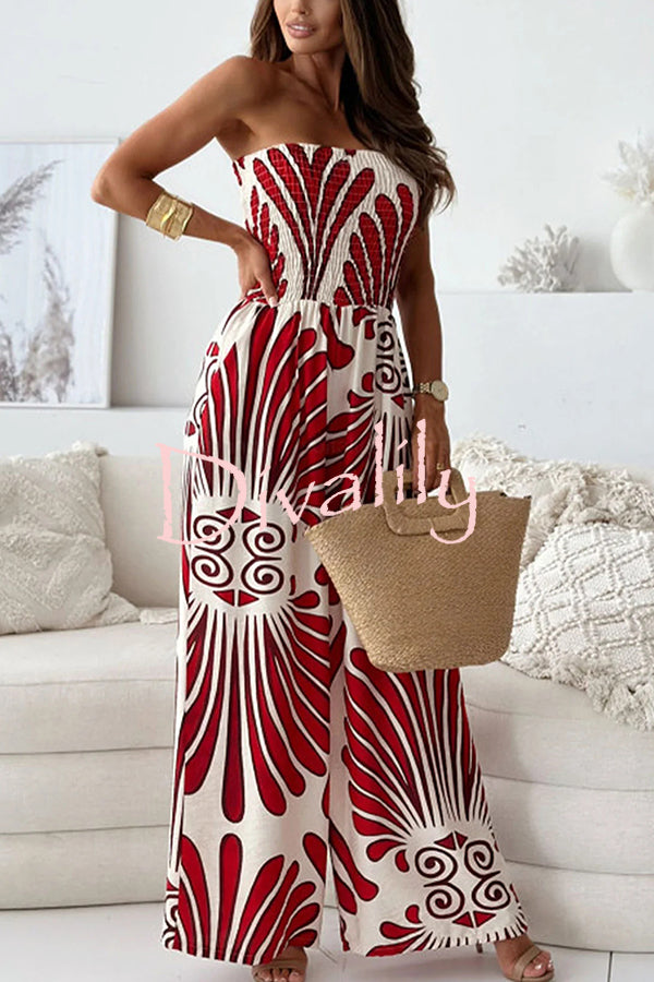 Unique Printed Off-shoulder Pleated Casual Wide-leg Jumpsuit