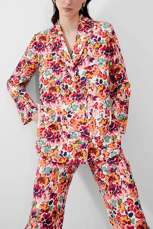 Full of Energy Flower Print Lapel Blazer and Elastic Waist Pocket Pleated Side Hem Pants Set