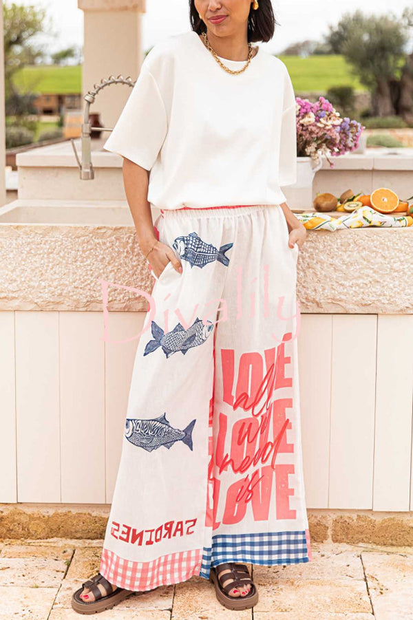 Unique Printed Elastic Waist Pocket Vacation Casual Wide Leg Pants