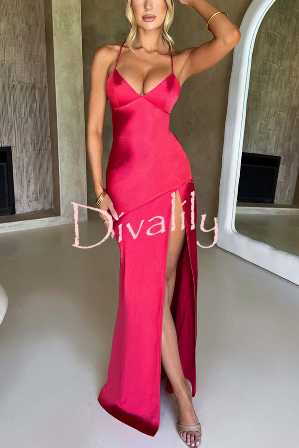 Satin Solid Color Sexy Backless Lace Up High Slit Maxi Dress