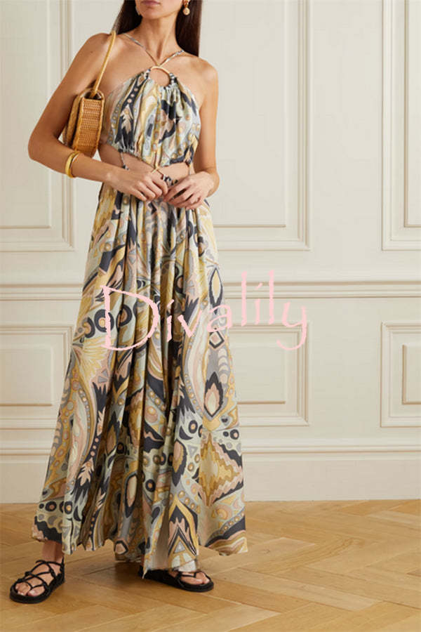 Vacation Feelings Unique Print Halter Ring Cutout Slit Maxi Dress