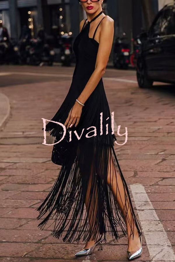 Sexy Halterneck Open Back Elegant Tassel Slim Maxi Dress