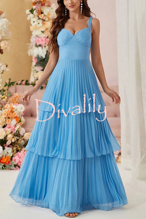 Solid Color Elegant Multi Layered Pleated Wide Shoulder Strap Maxi Dress