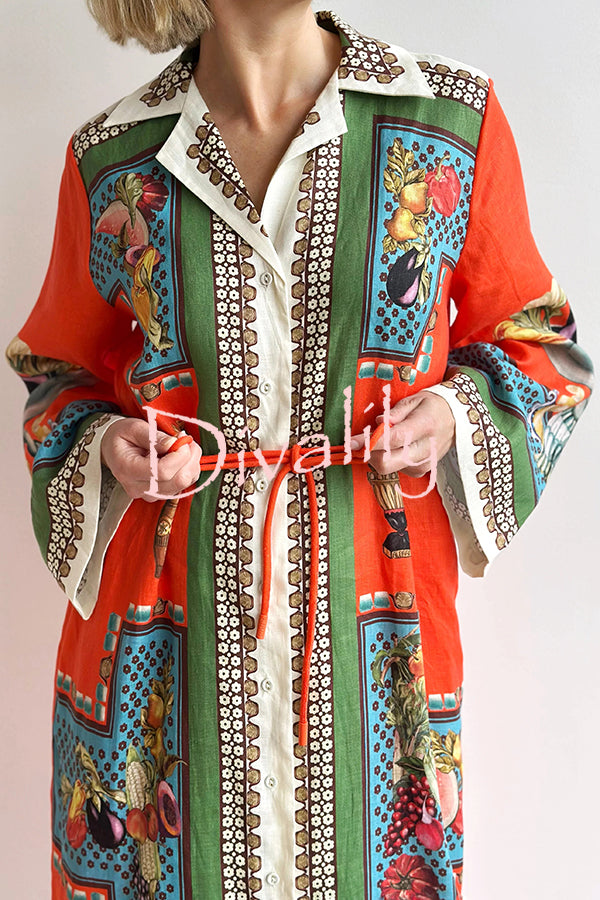 Linen Blend Unique Print Tie-waist Casual Maxi Dress