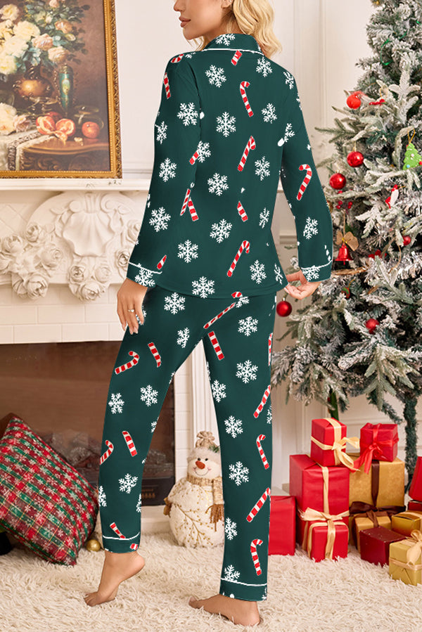 Snowflake Candy Print Casual Long-sleeved Shirt and Elastic Waist Pants Set