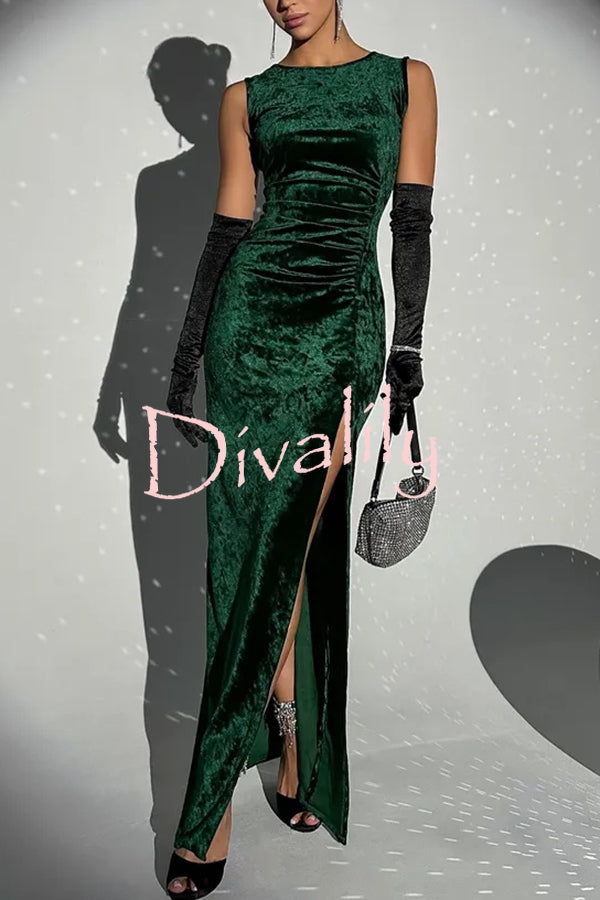 Solid Color Velvet Round Neck Sleeveless Slim Slit Maxi Dress