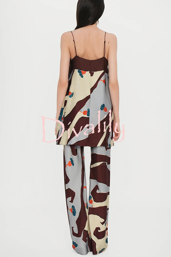 Loving Views Satin Unique Print a-line Tank and Elastic Waist Loose Pants Set