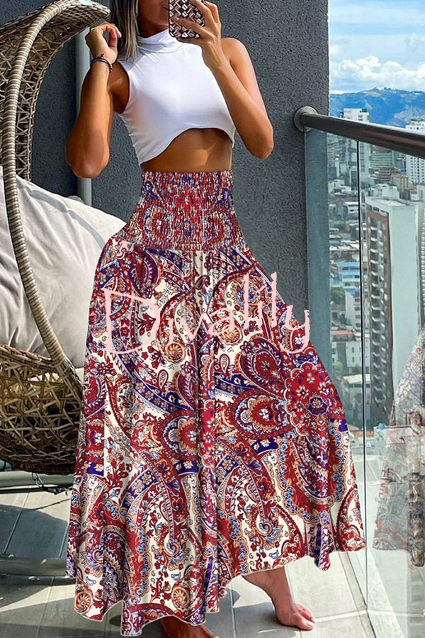 Unique Printed Pleated Elastic Waist Holiday Casual Maxi Skirt