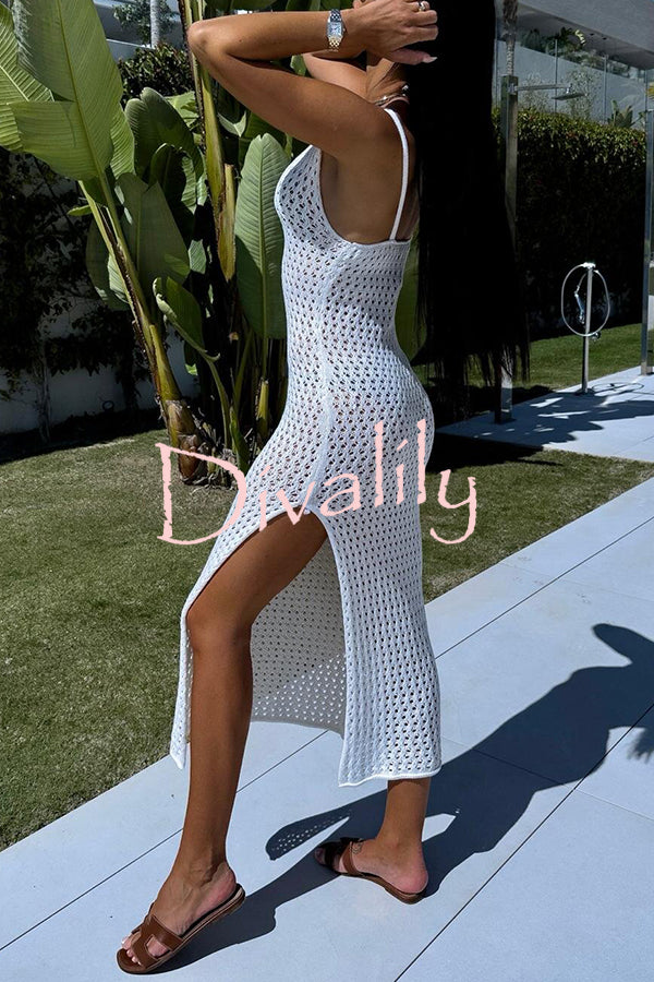 Solid Color V-neck Hollow Beach Knitted Cover-up Midi Dress