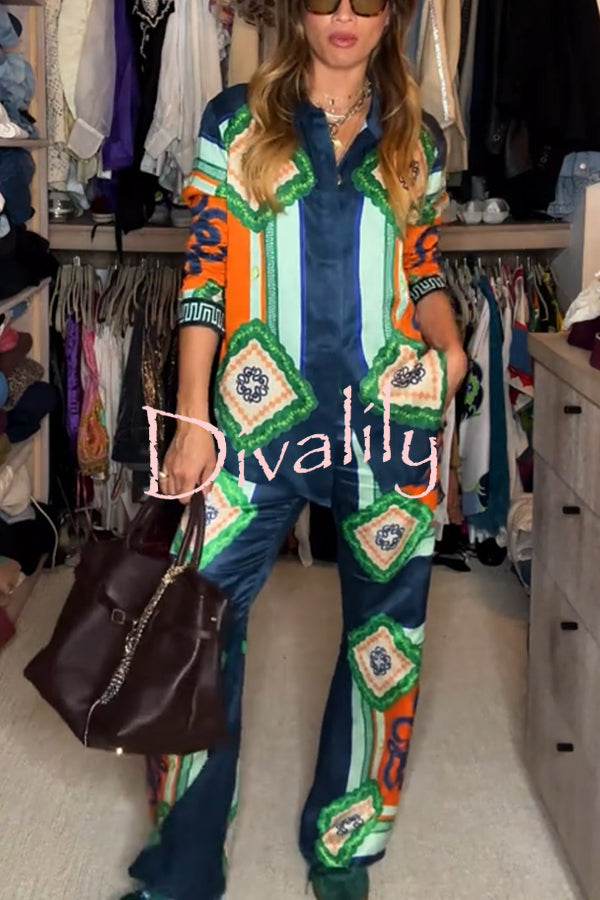 Vacation Times Satin Unique Print Button Down Oversized Blouse