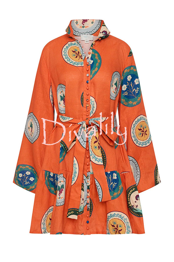 Linen Blend Unique Print Tie Waist Loose Mini Dress