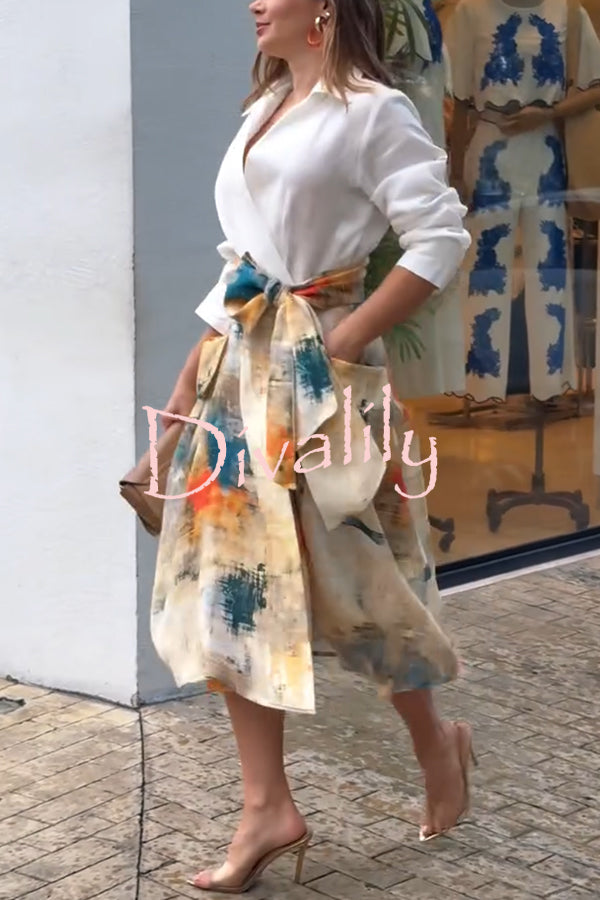 Jiles Linen Blend Unique Contrast Print Long Sleeve Tie-up Pocket Shirt Midi Dress
