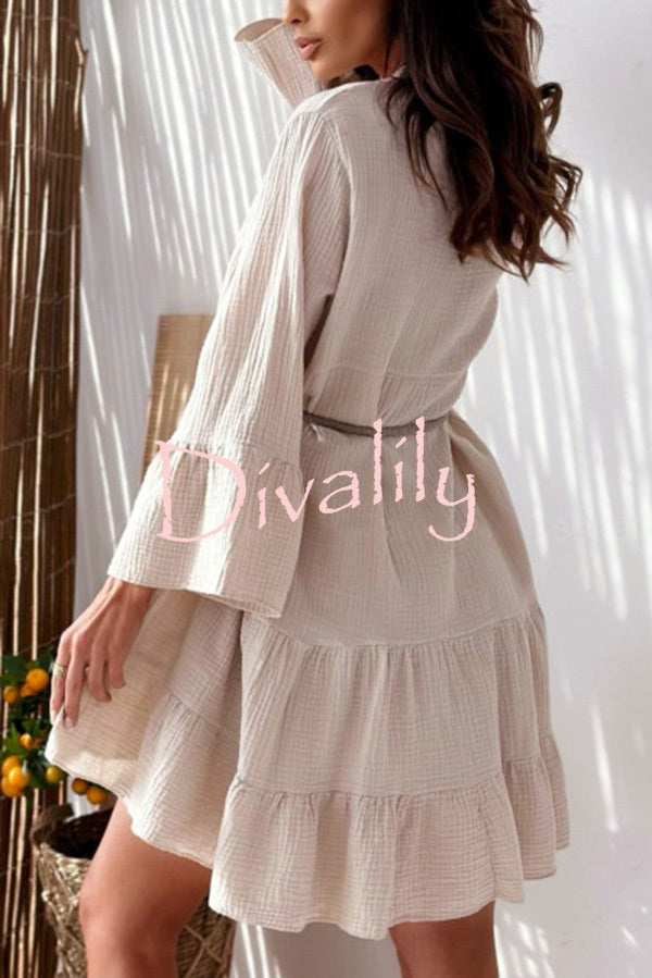 Linen Blend Solid V-Neck Bell Sleeve Casual Mini Dress