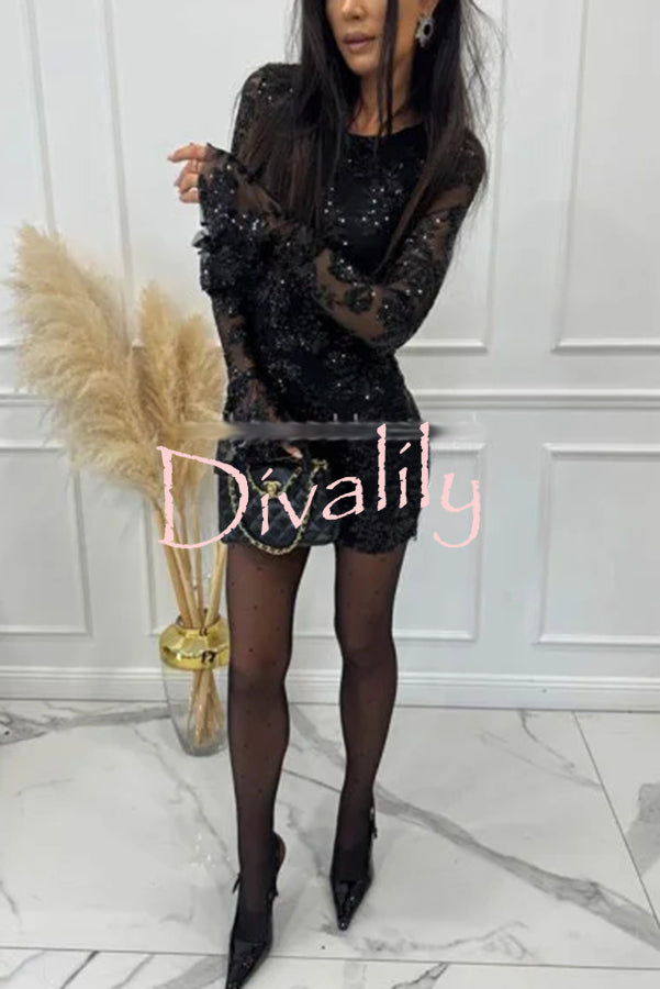 Deep and Dazzling Floral Texture Sequin Long Bell Sleeve Open Back Mini Dress