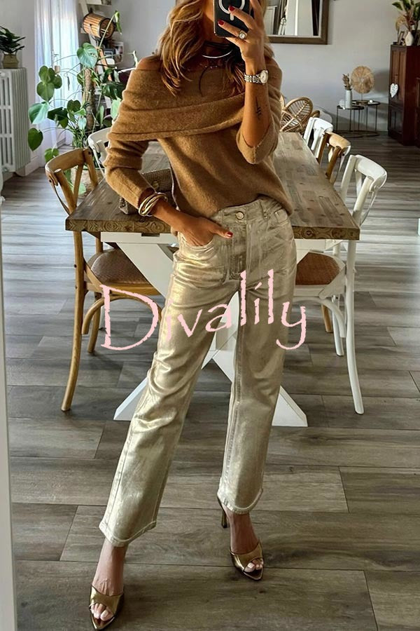 Infinite Ideas Retro Metallic Fabric High Waist Pocketed Straight Pants