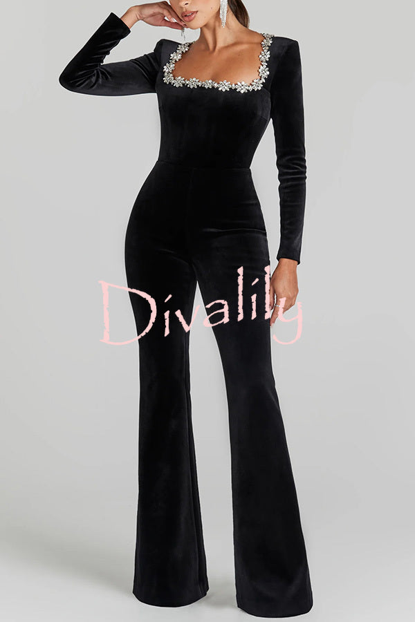 Classic Charm Velvet Jewel Embellished Trim Long Sleeve Flare Jumpsuit