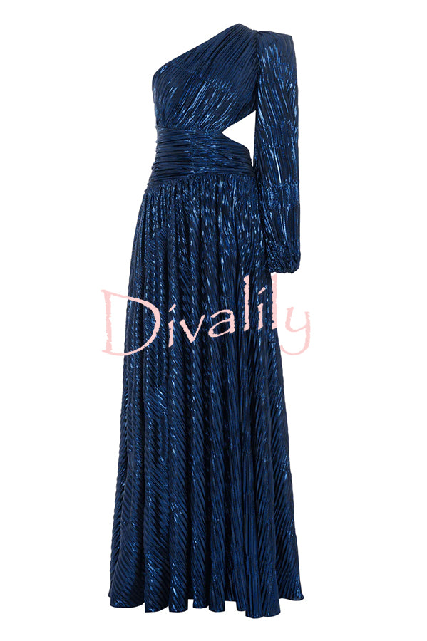 Dazzling Night Metallic Pleated One Shoulder Cutout Balloon Sleeve Gown Maxi Dress