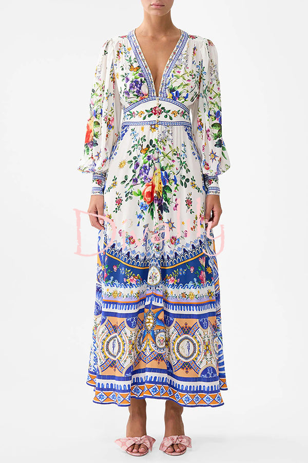 Fairy Tale Print V-Neck Lantern Sleeve Waist Maxi Dress