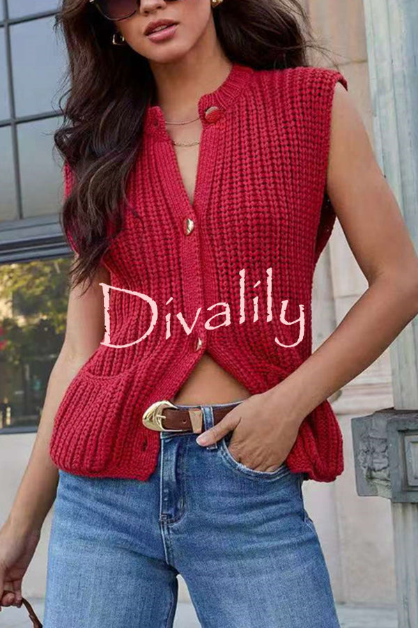 Solid Color Sleeveless Button Pocket Knit Vest