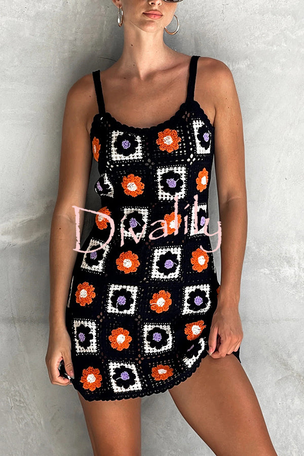Embroidered Floral Strappy Knitted Mini Dress