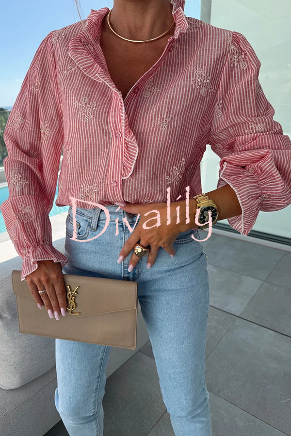 Stripe Print Plant Embroidery Long Sleeve Casual Shirt
