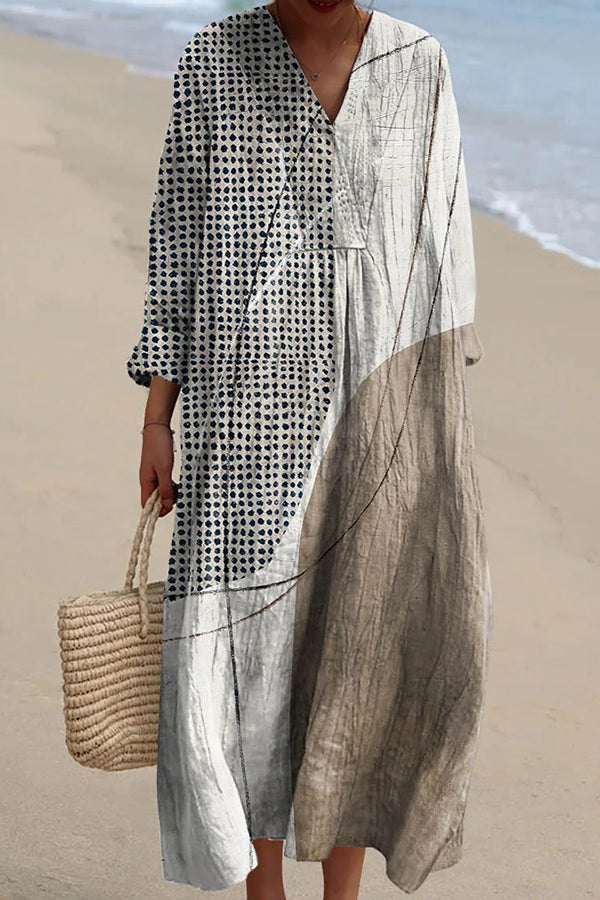 Line Spot Print V-Neck Long Sleeve Loose Midi Dress