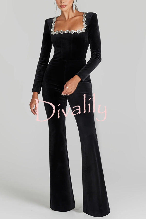 Classic Charm Velvet Jewel Embellished Trim Long Sleeve Flare Jumpsuit