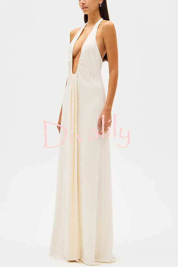 Sexy Silhouette Deep U-neck Halter Waterfall Sash Drape Maxi Dress