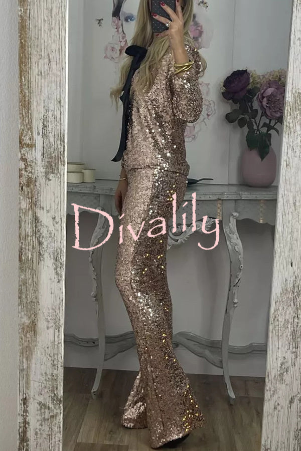 Holiday Cheer Sequin High Rise Elastic Waist Flared Stretch Pants